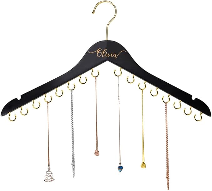 NICEDREAM Custom Name Necklace Holder Jewelry Hanger Bracelet Holder with 16 Hooks Personalized Name Necklace Organizer Wooden Hanging Jewelry Holder Gift for Her Women Girls Mom (Black)