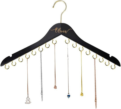 NICEDREAM Custom Name Necklace Holder Jewelry Hanger Bracelet Holder with 16 Hooks Personalized Name Necklace Organizer Wooden Hanging Jewelry Holder Gift for Her Women Girls Mom (Black)