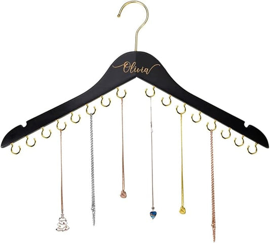 NICEDREAM Custom Name Necklace Holder Jewelry Hanger Bracelet Holder with 16 Hooks Personalized Name Necklace Organizer Wooden Hanging Jewelry Holder Gift for Her Women Girls Mom (Black)