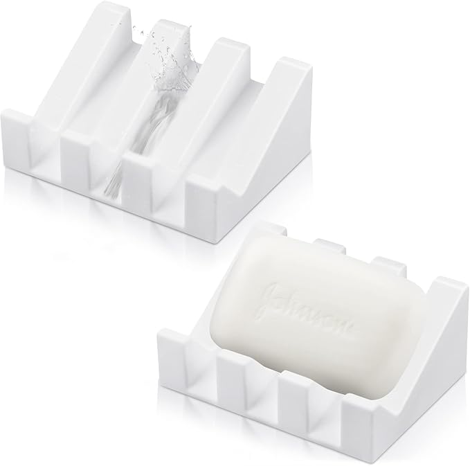 Cunhill 2 Pieces Silicone Soap Dish Self Draining Soap Dish Shower Waterfall Bar Soap Holder Tray with Drain Soap Saver for Kitchen Bathroom Accessories (Bright White)