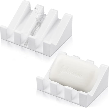 Cunhill 2 Pieces Silicone Soap Dish Self Draining Soap Dish Shower Waterfall Bar Soap Holder Tray with Drain Soap Saver for Kitchen Bathroom Accessories (Bright White)