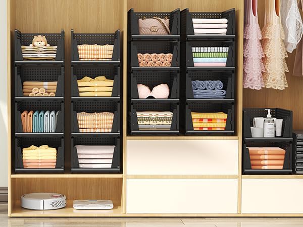 Folding Closet Organizer and Storage for Shelves, 5 Pack Stackable Plastic Storage Basket for Closet, Top Bottom of Closet Organizer, Drawers Organizer for RV, Camper, Pants, Clothes, Office