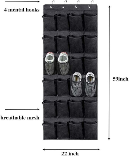 Over The Door Hanging Shoe Organzier, Large Capacity Mesh Shoe Rack, 24 Pockets Hanging Shoe Rack Holder Organizer Shoe Storage Closet for Men Sneakers,Bedroom Bathroom Pantry (Black)