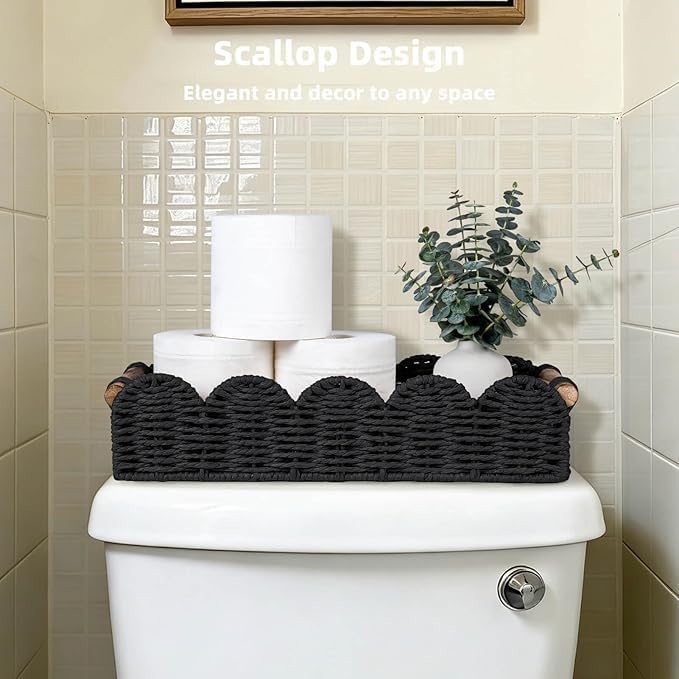 CubesLand Bathroom Basket Organizer w/Cut Out Handle, Back of Toilet Paper Storage Baskets for Bathroom Countertop Decorative, Small Scalloped Wicker Basket Also for Home Decor, Living Room, Black