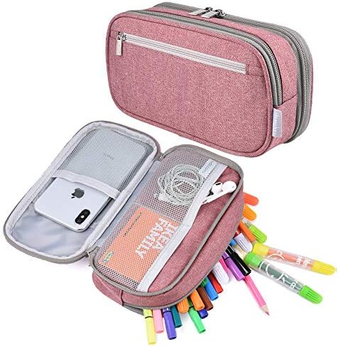 Big Capacity Pencil Case Large Pencil Bag Pouch High Storage Pen Marker Holder 3 Multi Functional Compartments Office Desk Organizer Makeup Bag, Pink by VanceCharterSchool