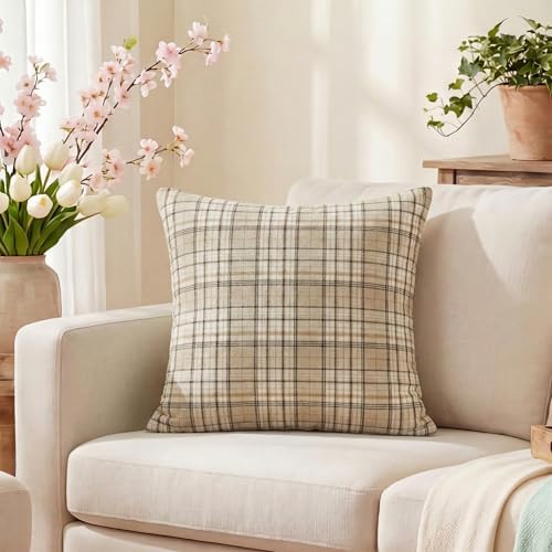 AVOIN colorlife Spring Summer Khaki White Plaid Decorative Throw Pillow Covers, 18 x 18 Inch Holiday Scottish Tartan Cushion Case Farmhouse Decoration for Sofa Couch Set of 2 - Image 3