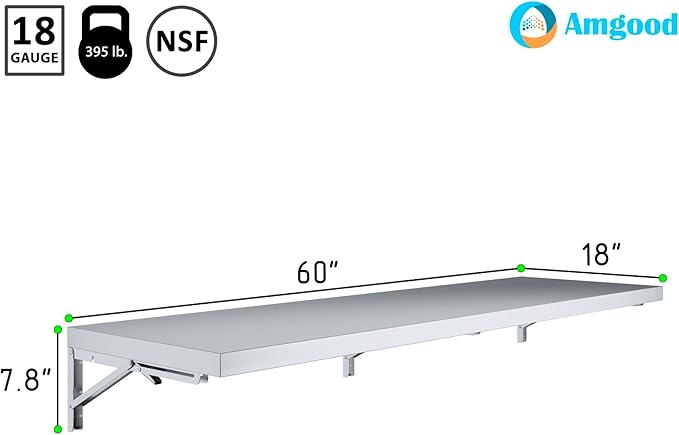 AmGood Stainless Steel Folding Wall Shelf 18 in. x 60 in. | NSF | Concession Stand, Food Truck, Kitchen, Restaurant, Garage, Laundry, Utility Room