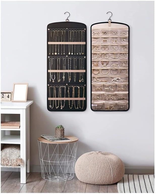 Hanging Jewelry Organizer Storage Roll with Hanger Metal Hooks Double-Sided Jewelry Holder for Earrings, Necklaces, Rings on Closet, Wall, Door 33 * 14IN (Black)