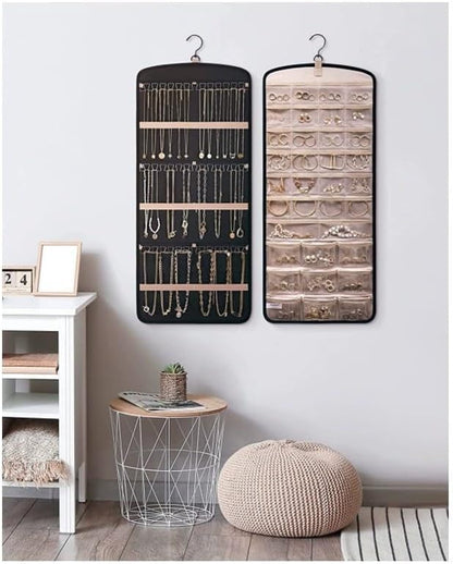 Hanging Jewelry Organizer Storage Roll with Hanger Metal Hooks Double-Sided Jewelry Holder for Earrings, Necklaces, Rings on Closet, Wall, Door 33 * 14IN (Black)
