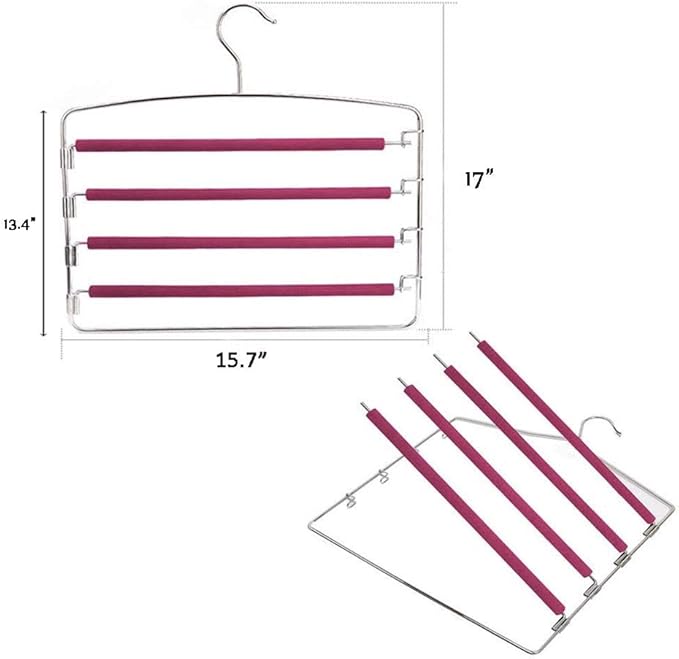 Swing Arm Pant Hangers 2 Pack Non-Slip Multi Layers Removeable Stainless Steel Pant Jean Slack Hangers Foam Padded Rotatable Hook for Space Saving Clothes Trousers Closet Organizer