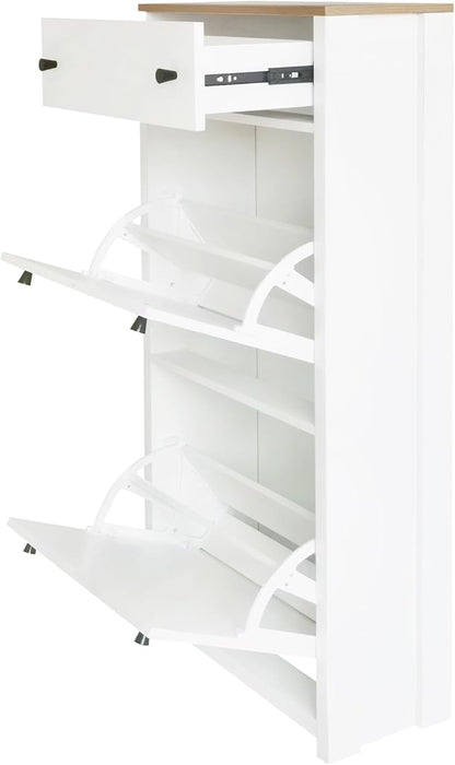 Modern Shoe Cabinet with 2 Flip Doors and 1 Storage Drawer Free-Standing Wooden Shoe Rack Shoe Storage Organizer for Entryway Hallway Small Space(White&Natural)