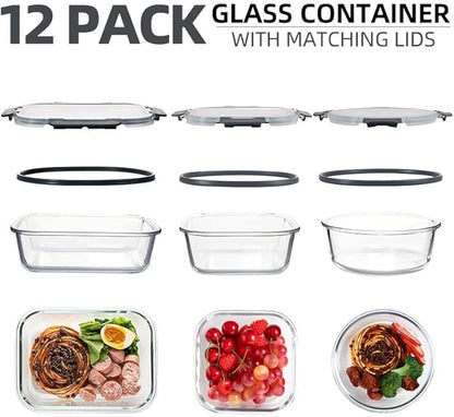 12 Pack Glass Storage Containers Transparent, Stackable Design Meal Prep Containers for Food Storage, Home, Kitchen & Pantry Organization, Microwave/Freezer/Dishwasher Safe