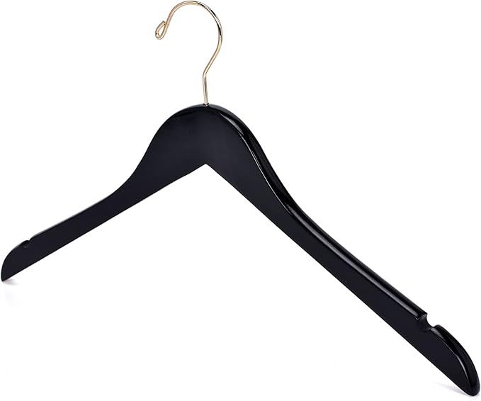 Quality Semi Curved Black Wooden Suit Hangers, 80-Pack Smooth Finish Solid Wood Coat Hanger with Swivel Hook, Jacket, Pant, Dress Clothes Hangers (Black - Gold Hook, 80)
