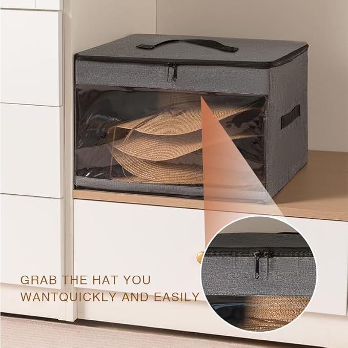 FAYYGYH Simple Hat Storage Box for Women Men, Large Closet Organizer with Dustproof Lid, Foldable Hat Carrier Case for Cowboy Hats, Travel & Home Use (Grey)