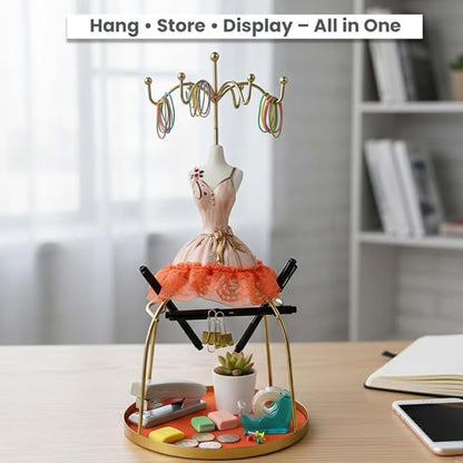 Go Hooked Doll Dress Jewelry Holder Stand | Jewelry Organizer Stand with Hooks for Necklaces, Earrings, Bracelets & Rings | Decorative Jewelry Storage Display for Dressing Table Bedroom (Orange)