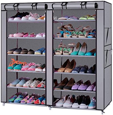 Free Standing Shoe Cabinet Double Rows 12 Lattices Combination Style Shoe Cabinet with Nonwoven Fabric Cover for Bedroom Entryway Hallway Living Room，Grey