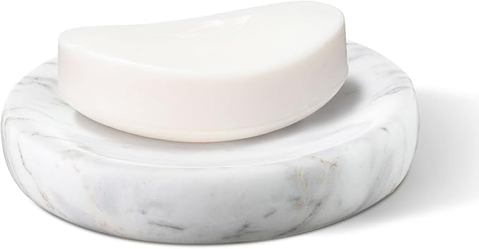 Natural Marble Soap Dish, Round Carrara White Jewelry Dish, Limestone Shower Soap Holder, Modern Stone Sponge Holder, Bar Soap Saver Tray for Bathroom, Kitchen, Easy to Clean
