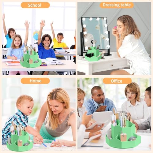 Pencil Pen Holder for Desk,9 Slots 360 Degree Rotating Desk Organizers,Desktop Storage Stationery Supplies Organizer, Cute Pencil Cup Pot For Office, School, Home(Green) - Image 6