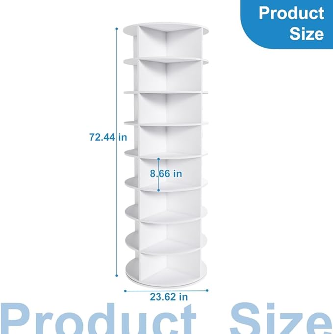 Shoe Organizer 8-Tier Spinning Shoe Rack - 360° Rotating Storage Organizer for 20-32 Pairs, Space Saving Narrow Design for Entryway/Closet Closet Handbag Display Rotate (White-8)