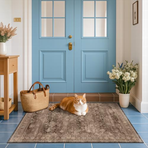 Boho Taupe Brown 3x5 Large Entryway Rug - Modern Vintage Traditional Eclectic Oriental Neutral, Washable Low Pile Non-Slip Area Rugs for Door Mat Indoor Entrance, Kitchen, Laundry by HazoHaus
