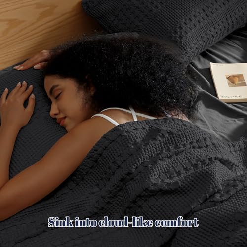 PHF Cotton Waffle Pillow Shams King Size 20" x 36", Black, No Insert - Image 2