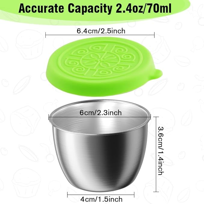 Showvigor 6-Pack 2.4oz Thickening Stainless Steel Salad Dressing Cups with Leakproof Lids | Reusable Sauce Containers for Lunch Box, Travel, Picnics & Kitchen Storage Dishwasher Safe & Eco-Friendly