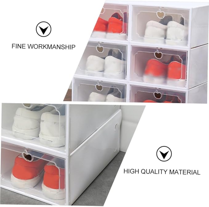 Abaodam Large Capacity Shoe Storage Boxes with Flip-top Lids, Thick Plastic Organizer for Home Closet, 6pcs Pearl White Stackable Shoe Organizers for Sneakers and Boots