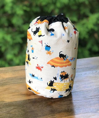 Black Cats on beach drawstring bag for knitting or crochet projects, Rummikub, Scrabble Mahjong tiles, reusable gift bag, Sandy Paws, The Suebee