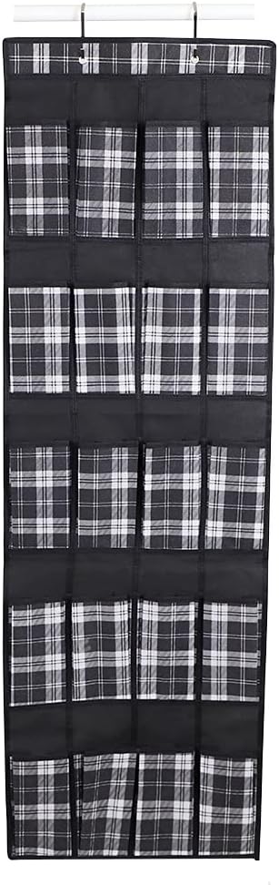 Home Basics Breathable Non-Woven Fabric Home Storage & Organization | Plaid Design in White Black & Grey | Sturdy Fiberboard Construction | (20 Pocket Over the Door Shoe Organizer)