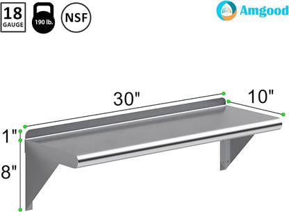 AmGood 10 in. x 30 in. Stainless Steel Wall Shelf | NSF | Metal Shelving | Garage, Laundry, Storage, Utility Room | Restaurant, Commercial Kitchen