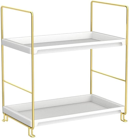 FSyueyun 2-Tier Bathroom Counter Organizer, Tool-Less Vanity Organizer for Skincare, Premium Plastic Bathroom Organizer Tray for Perfume & Cosmetics, （White & Gold）