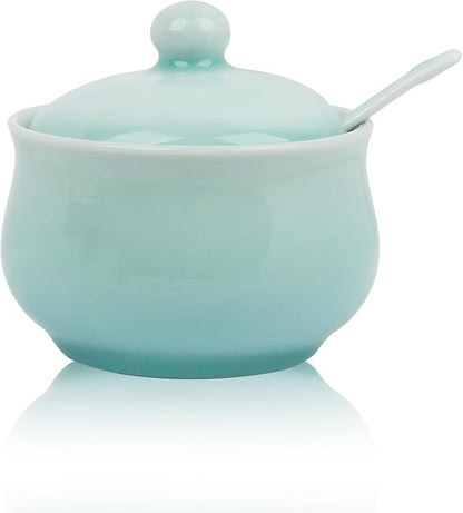 Porcelain Salt Cellar with Lid and Spoon, 4.4 oz Salt Container Sugar Bowl for Spice & Seasonings, Elegant Kitchen Counter Decor, Chinese Celadon (Ivory Blue)