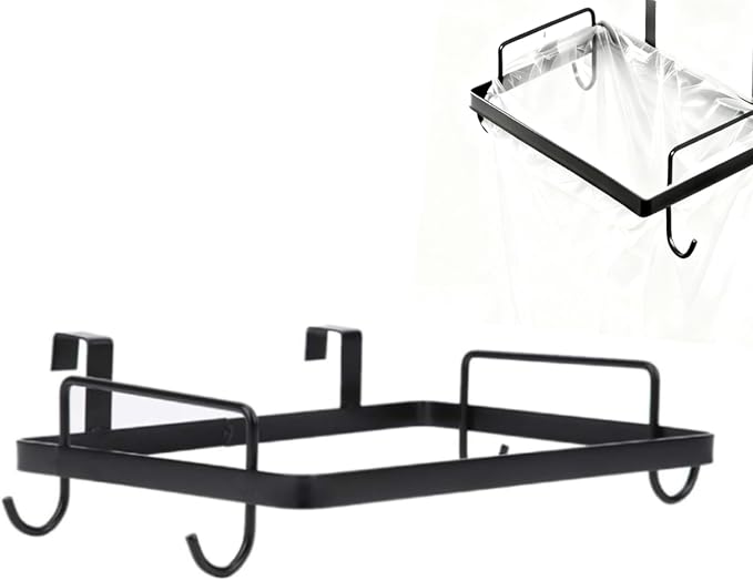 Cyrank Metal Trash Bag Holder, Trash Bag Holder for Cabinet Door Plastic Over The Cabinet Door Under Sink Garbage Hanging Rubbish for Kitchen, Office, Dorm(black)