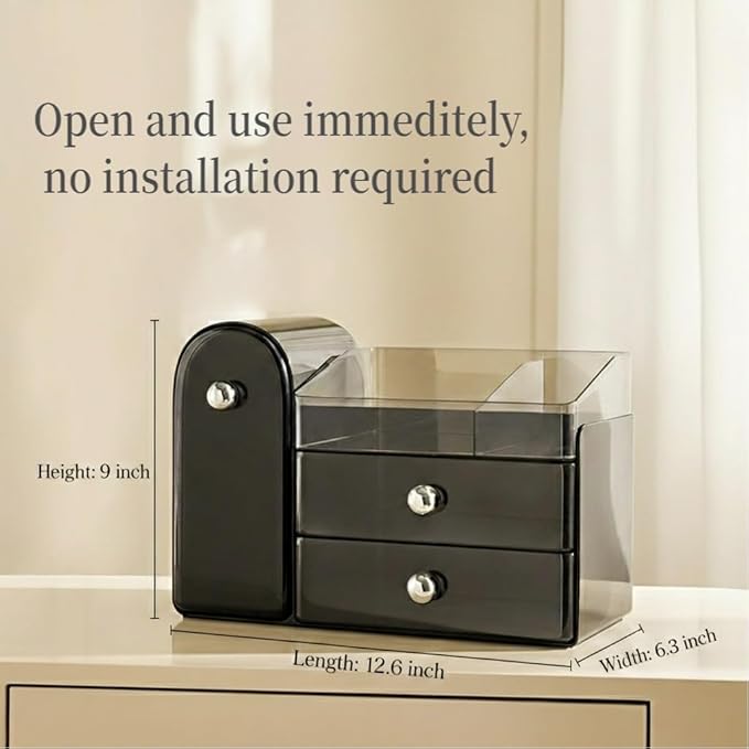 Bird&Fish Makeup Organizer with Sliding Brush Holder, Clear Skincare Organizer with Drawers, Bathroom Countertop Organizer, Sturdy Cosmetic Storage Case for Vanity, Dresser (Black)
