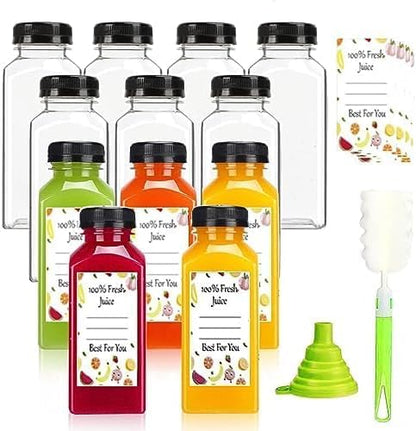 Leaflai Plastic Juice Bottles with Caps 12 pcs- 8oz Reusable Juice Containers with Tamper Proof Lids Black- Clear Juice Bottles for Juicing Milk Smoothie Drinking and Other Beverages Christmas Gifts