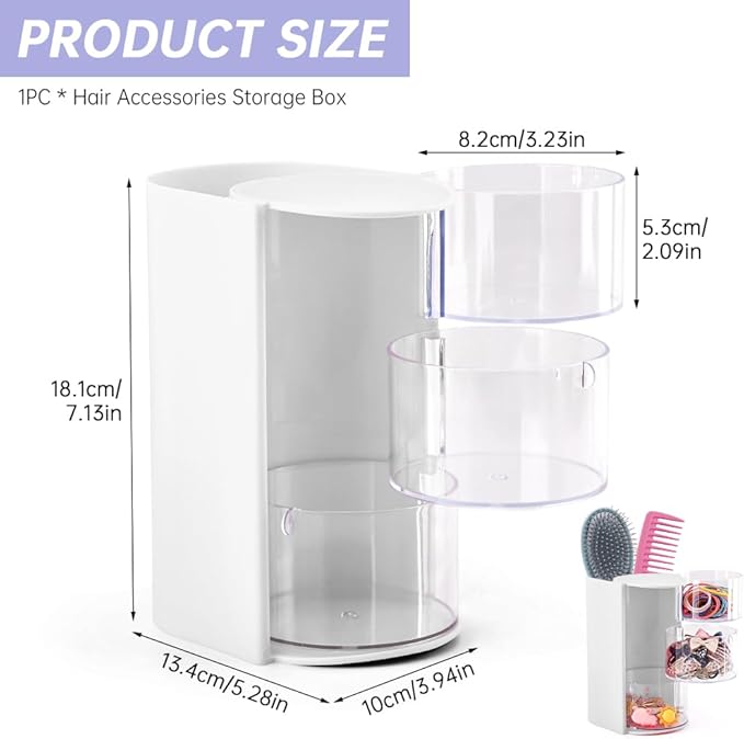 3-Layer Hair Accessories Organizer with Hair Brush Holder,Rotatable Makeup Brush Holder for Necklaces,Earring, Bracelet,Ring,Desktop Organizer Case for Cotton Swab(White)