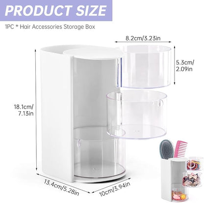 3-Layer Hair Accessories Organizer with Hair Brush Holder,Rotatable Makeup Brush Holder for Necklaces,Earring, Bracelet,Ring,Desktop Organizer Case for Cotton Swab(White)