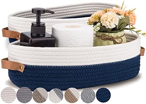 Set of 2 Toilet Basket,Woven Storage Basket for Toilet Tank Top Farmhouse Home Decor Organizing Baskets 13"x5.9"x4" Navy Stitching White by Oradrem