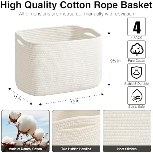 ICERZCZ Storage Baskets for Organizing & Shelves, Woven Cotton Rope Organization Bins for Dog Toys, Clothes, Books, Nursery Organizer, 15"Lx11''Wx9.5''H, (4 Packs) Off White - Image 3