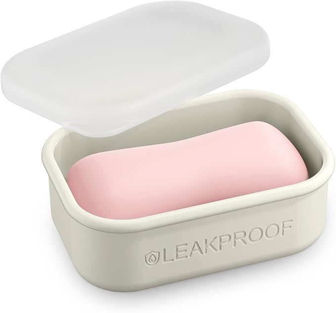 Quatish Compact Leakproof Travel Soap Case, Silicone Soap Box with Draining Layer, Enhanced Soap Container, Suitable for Camping, Gym, Bathroom, Outdoor Essentials, Beige
