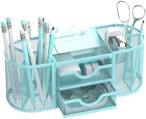 SUPEASY Mesh Desk Organizer, Pen Holder for Desk with 2 Drawers, Blue by SUPEASY