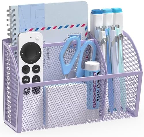 YINGHUA 3 Compartment Magnetic Metal Mesh Pen Holder, Purple Desk Caddy by YINGHUA