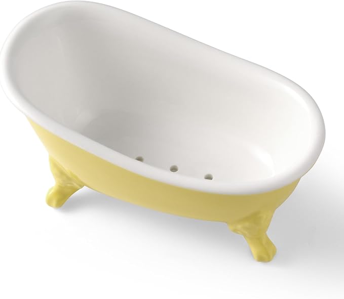 6.1" Vintage Ceramic Mini Decorative Clawfoot Bathtub Bar Soap Dish, Kitchen Sponge Holder and Shower Tray for Bathroom, 1 Pack (Yellow)