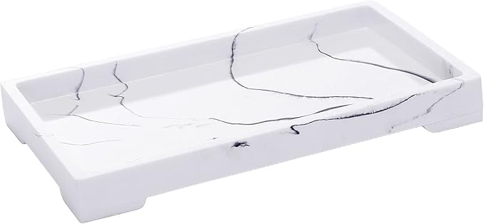 White Marble Pattern Vanity Tray, Resin Bathroom Tray for Counter, Toilet Tank Storage, Dresser Jewelry Organizer, Makeup Tray for Bathroom Bedroom, 10.5×5.9×1.1 Inches