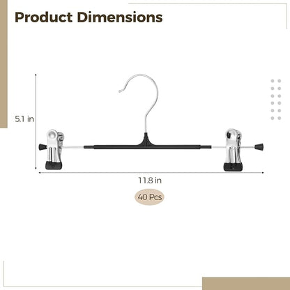 40 Pcs Pants Hangers with 2 Clips - 12.2 Inch Long Adjustable Non-Slip Trousers Skirt Bottom Hanger, Black Adjustable Heavy Duty Space Saving Metal Clips for Skirt,Pants,Trousers,Shorts