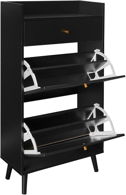 ZeHuoGe Natural Rattan Shoe Cabinet with 2 Flip Drawers, Black Shoe Rack Storage Cabinet for Heels, Slippers, Free Standing Shoe Rack for Entrance Hallway (Black)