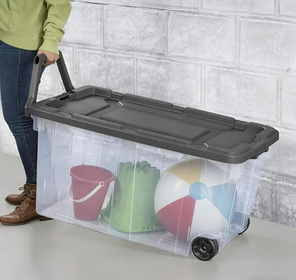 160 Quart Wheeled Stacker, Extra Large Durable Clear Bin, Latch Lid and Pull Handle, Gray, 2 Count