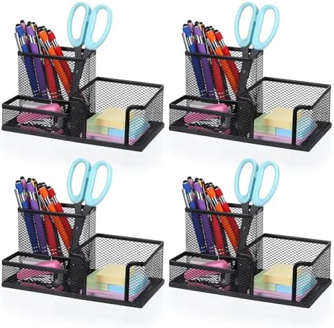 Mesh Pen Pencil Holder Note Holders Desk Organizer, 3 Compartment Wire Desktop Pen Pencil Cup Caddy Office Supplies Accessories for Home Office School, Black(4 Pack) by Unknown