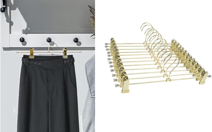 13.8" Gold Metal Wire Clips Hangers with Adjustable Clips - 30 Pack Pants Hangers with Clips Metal Perfect for Pants Trouser Underwear Bottom Clothes Heavy Duty Space Saving Closet Organization
