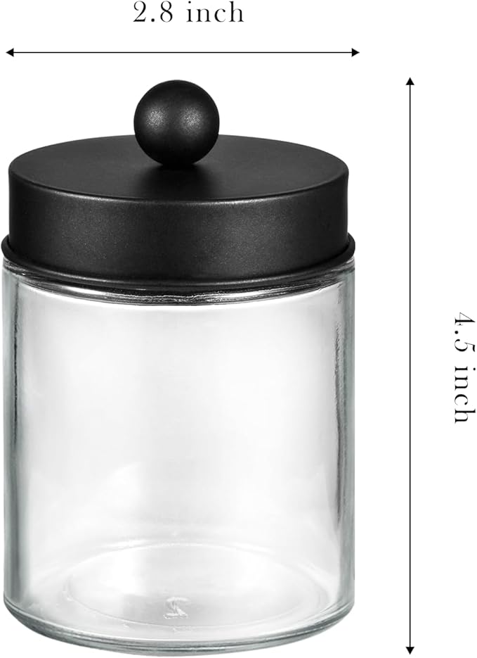 SheeChung 3-Pack Black Glass Apothecary Jars - Rust-Proof Stainless Steel Qtip Holder Set - Modern Farmhouse Bathroom Vanity Organizer for Cotton Swabs, Balls, Pads - Countertop Storage Canister